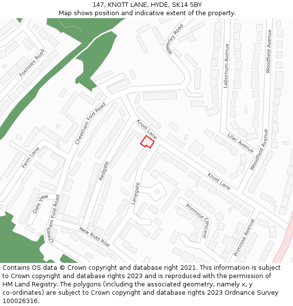 147, KNOTT LANE, HYDE, SK14 5BY: Location map and indicative extent of plot