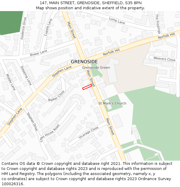 147, MAIN STREET, GRENOSIDE, SHEFFIELD, S35 8PN: Location map and indicative extent of plot
