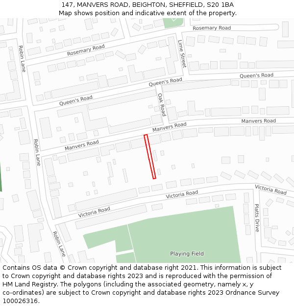147, MANVERS ROAD, BEIGHTON, SHEFFIELD, S20 1BA: Location map and indicative extent of plot