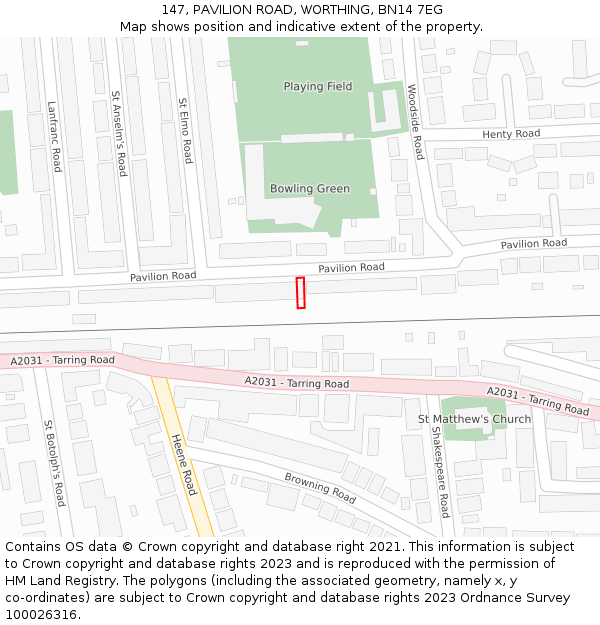 147, PAVILION ROAD, WORTHING, BN14 7EG: Location map and indicative extent of plot