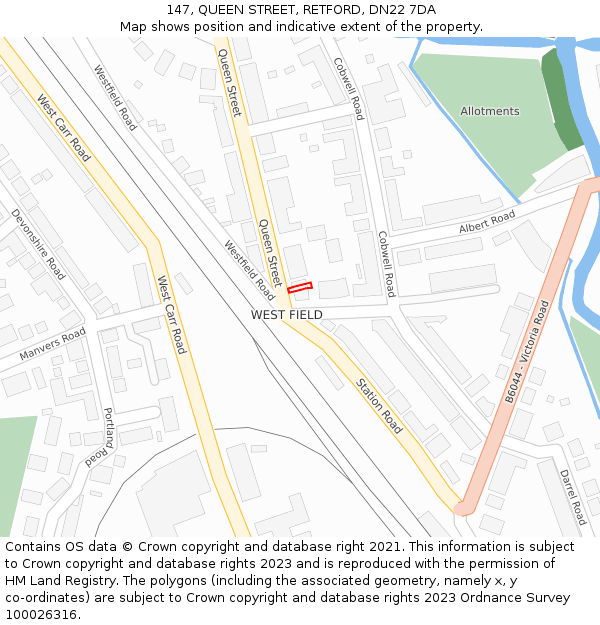 147, QUEEN STREET, RETFORD, DN22 7DA: Location map and indicative extent of plot
