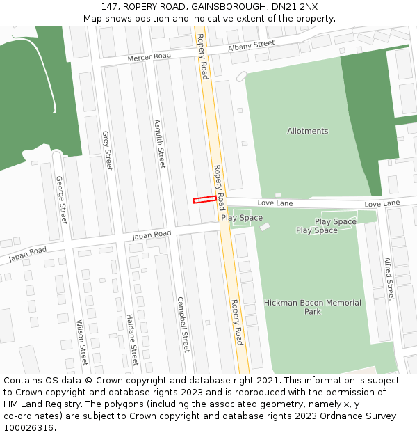 147, ROPERY ROAD, GAINSBOROUGH, DN21 2NX: Location map and indicative extent of plot