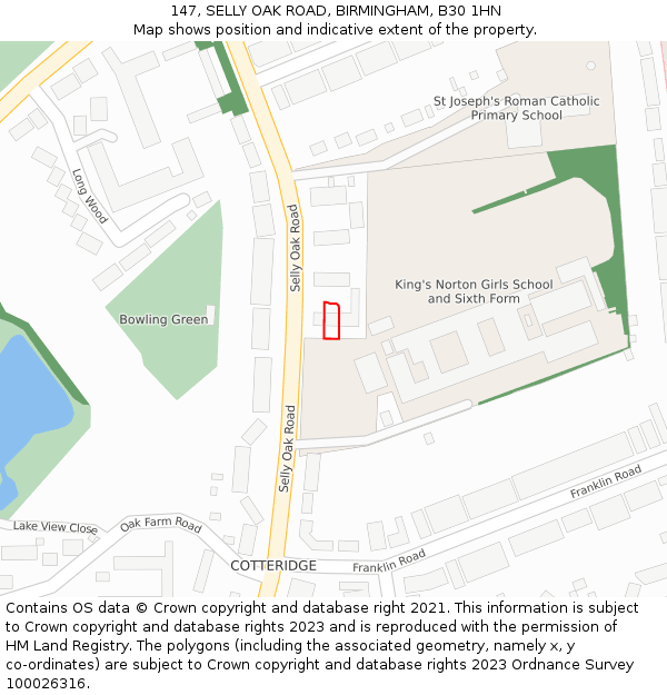 147, SELLY OAK ROAD, BIRMINGHAM, B30 1HN: Location map and indicative extent of plot