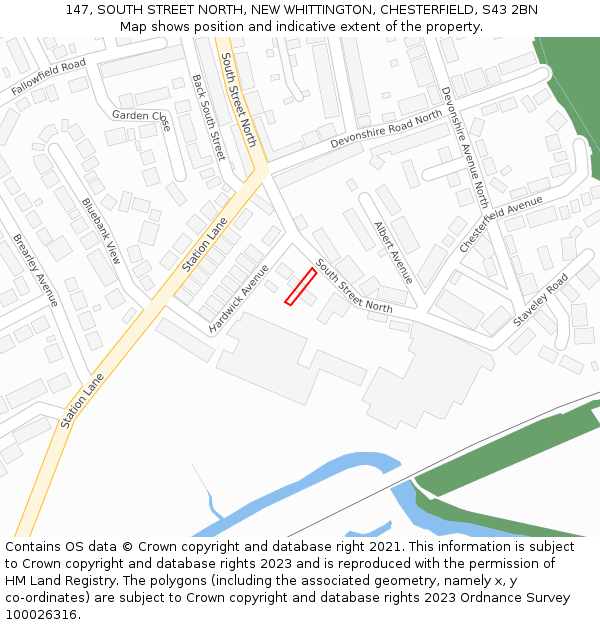 147, SOUTH STREET NORTH, NEW WHITTINGTON, CHESTERFIELD, S43 2BN: Location map and indicative extent of plot
