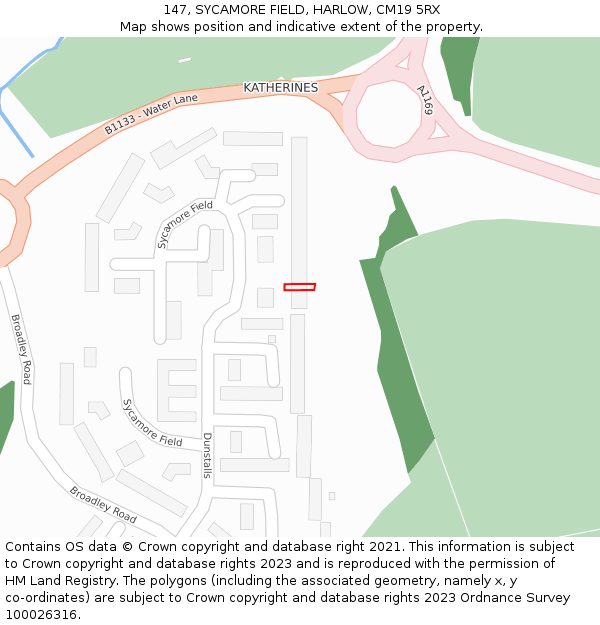 147, SYCAMORE FIELD, HARLOW, CM19 5RX: Location map and indicative extent of plot