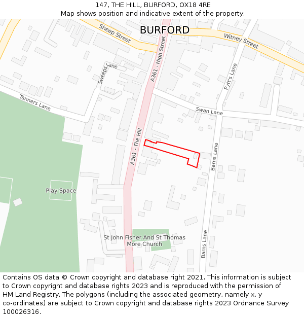 147, THE HILL, BURFORD, OX18 4RE: Location map and indicative extent of plot