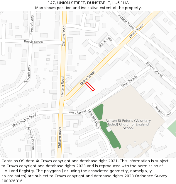 147, UNION STREET, DUNSTABLE, LU6 1HA: Location map and indicative extent of plot