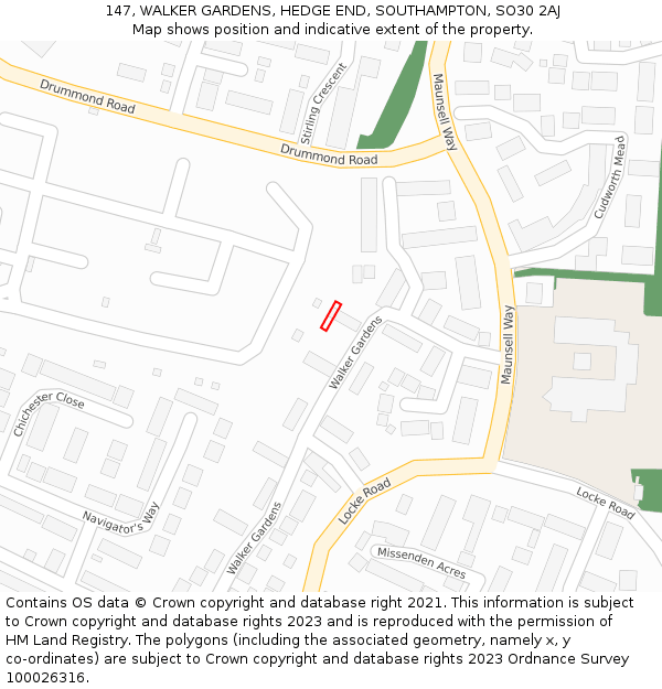 147, WALKER GARDENS, HEDGE END, SOUTHAMPTON, SO30 2AJ: Location map and indicative extent of plot