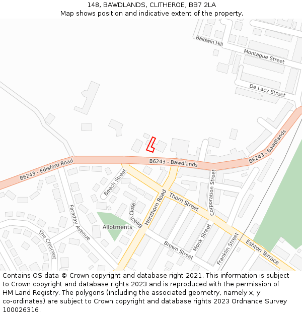 148, BAWDLANDS, CLITHEROE, BB7 2LA: Location map and indicative extent of plot