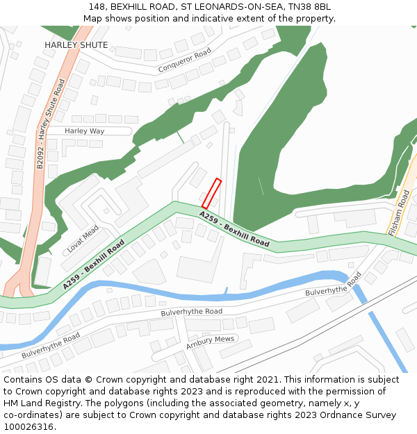 148, BEXHILL ROAD, ST LEONARDS-ON-SEA, TN38 8BL: Location map and indicative extent of plot