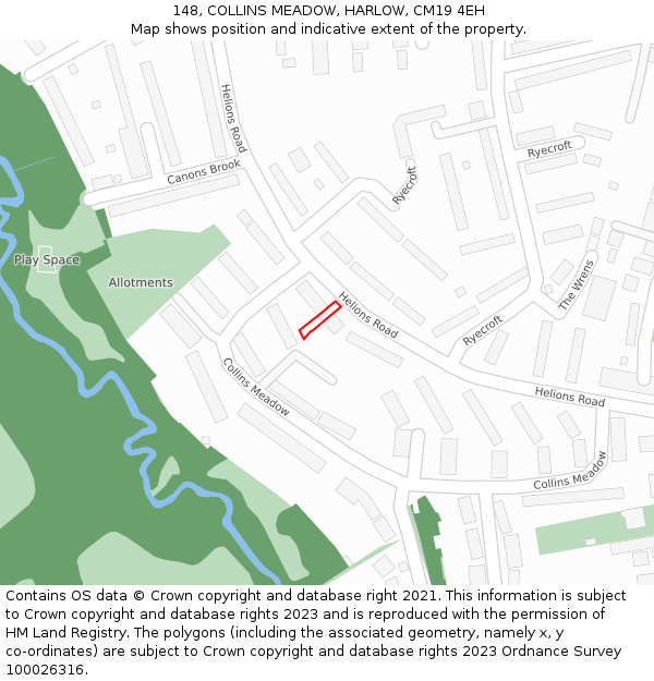 148, COLLINS MEADOW, HARLOW, CM19 4EH: Location map and indicative extent of plot