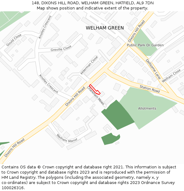 148, DIXONS HILL ROAD, WELHAM GREEN, HATFIELD, AL9 7DN: Location map and indicative extent of plot