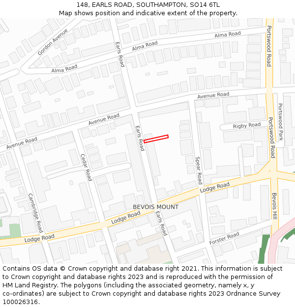 148, EARLS ROAD, SOUTHAMPTON, SO14 6TL: Location map and indicative extent of plot