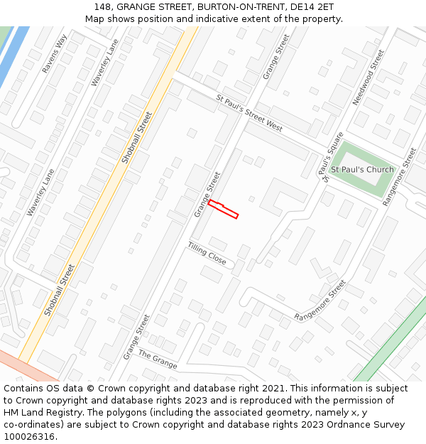 148, GRANGE STREET, BURTON-ON-TRENT, DE14 2ET: Location map and indicative extent of plot