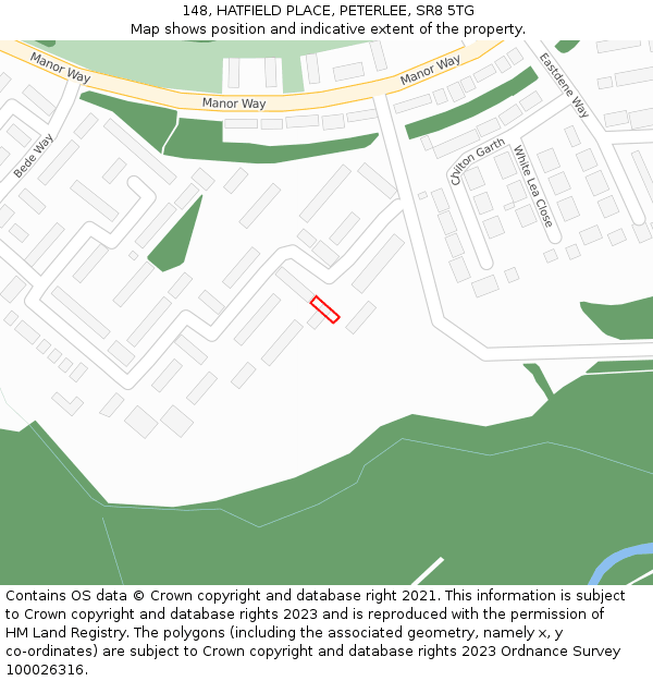 148, HATFIELD PLACE, PETERLEE, SR8 5TG: Location map and indicative extent of plot