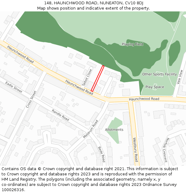 148, HAUNCHWOOD ROAD, NUNEATON, CV10 8DJ: Location map and indicative extent of plot