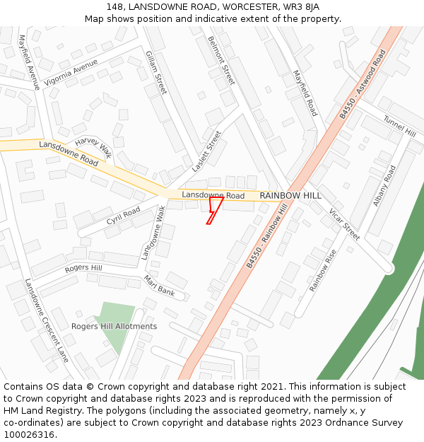 148, LANSDOWNE ROAD, WORCESTER, WR3 8JA: Location map and indicative extent of plot