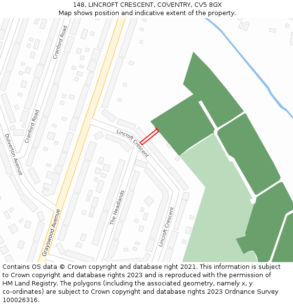 148, LINCROFT CRESCENT, COVENTRY, CV5 8GX: Location map and indicative extent of plot