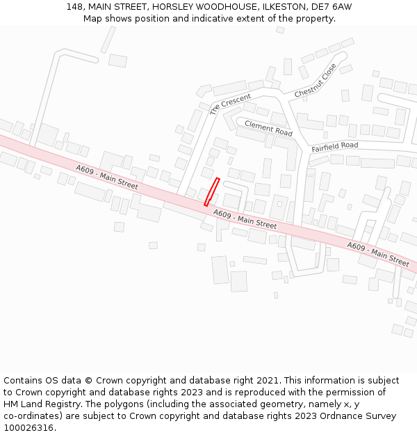 148, MAIN STREET, HORSLEY WOODHOUSE, ILKESTON, DE7 6AW: Location map and indicative extent of plot