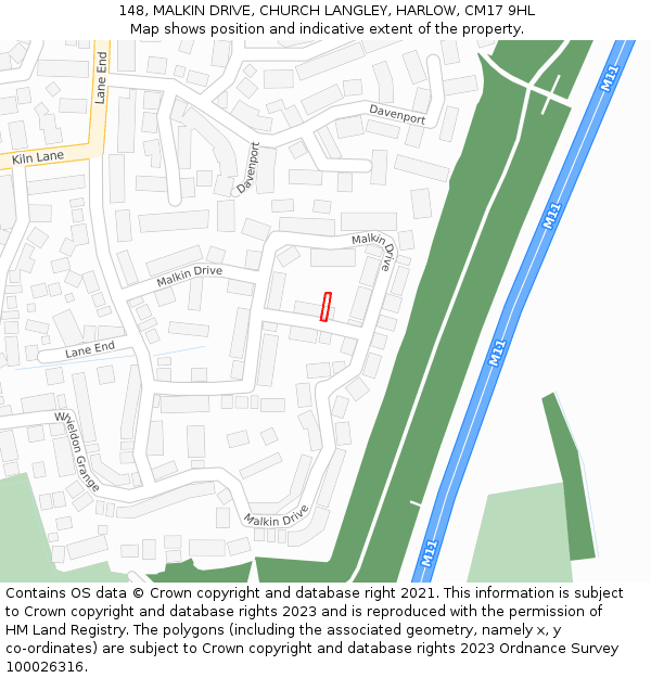 148, MALKIN DRIVE, CHURCH LANGLEY, HARLOW, CM17 9HL: Location map and indicative extent of plot