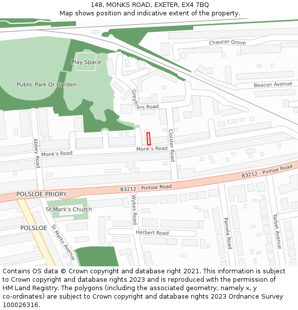 148, MONKS ROAD, EXETER, EX4 7BQ: Location map and indicative extent of plot