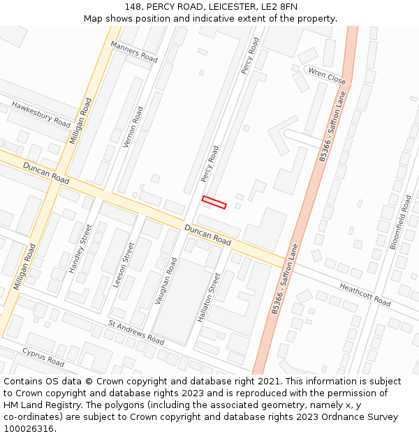 148, PERCY ROAD, LEICESTER, LE2 8FN: Location map and indicative extent of plot