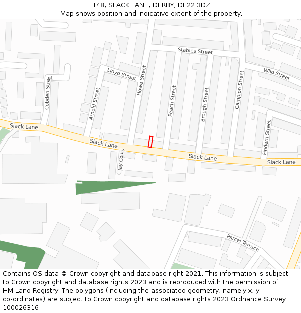 148, SLACK LANE, DERBY, DE22 3DZ: Location map and indicative extent of plot