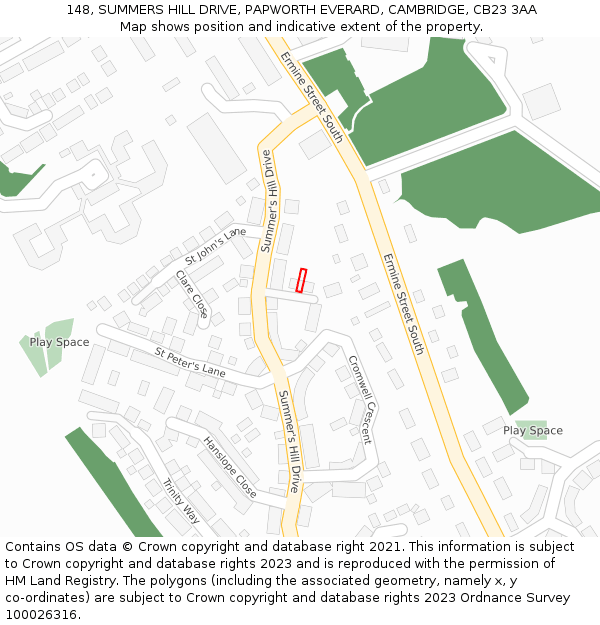148, SUMMERS HILL DRIVE, PAPWORTH EVERARD, CAMBRIDGE, CB23 3AA: Location map and indicative extent of plot