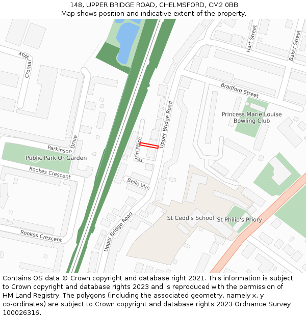 148, UPPER BRIDGE ROAD, CHELMSFORD, CM2 0BB: Location map and indicative extent of plot