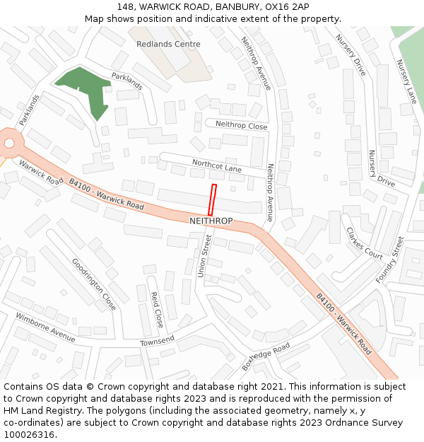 148, WARWICK ROAD, BANBURY, OX16 2AP: Location map and indicative extent of plot
