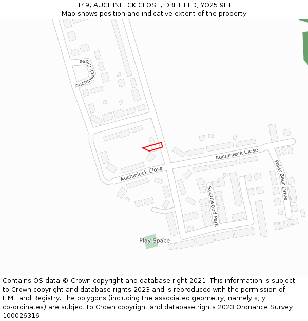 149, AUCHINLECK CLOSE, DRIFFIELD, YO25 9HF: Location map and indicative extent of plot