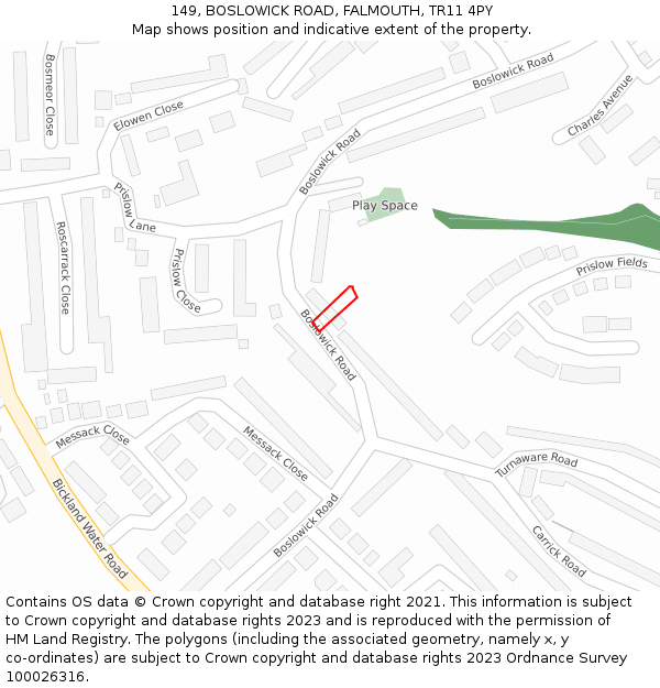 149, BOSLOWICK ROAD, FALMOUTH, TR11 4PY: Location map and indicative extent of plot