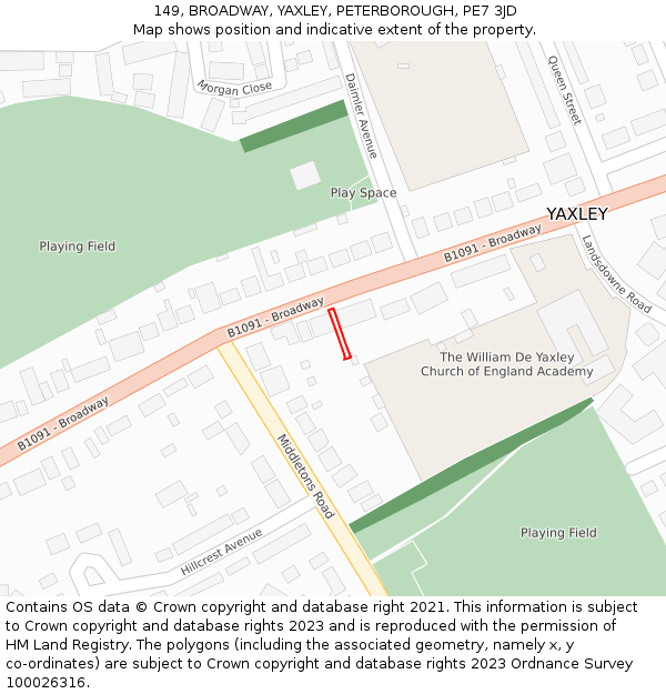 149, BROADWAY, YAXLEY, PETERBOROUGH, PE7 3JD: Location map and indicative extent of plot