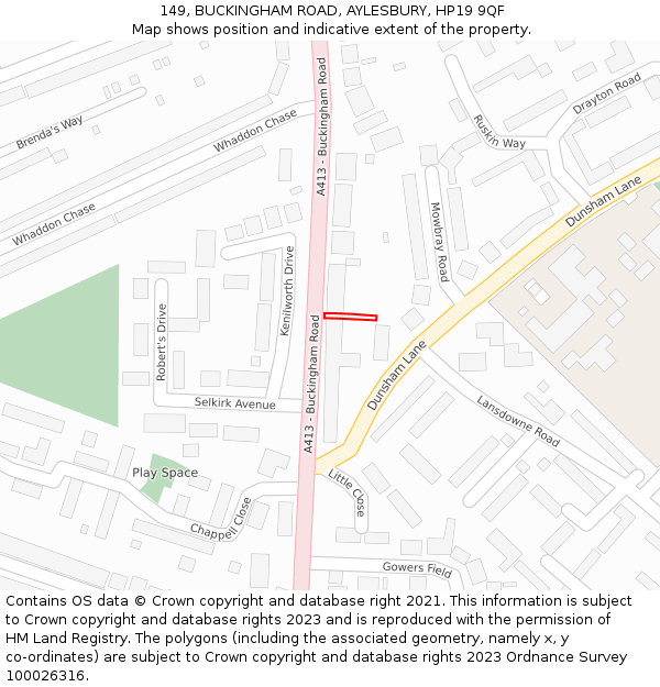 149, BUCKINGHAM ROAD, AYLESBURY, HP19 9QF: Location map and indicative extent of plot