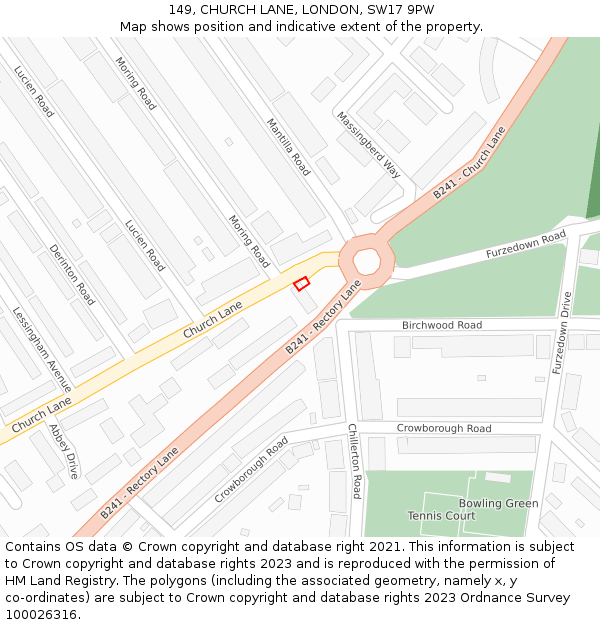 149, CHURCH LANE, LONDON, SW17 9PW: Location map and indicative extent of plot