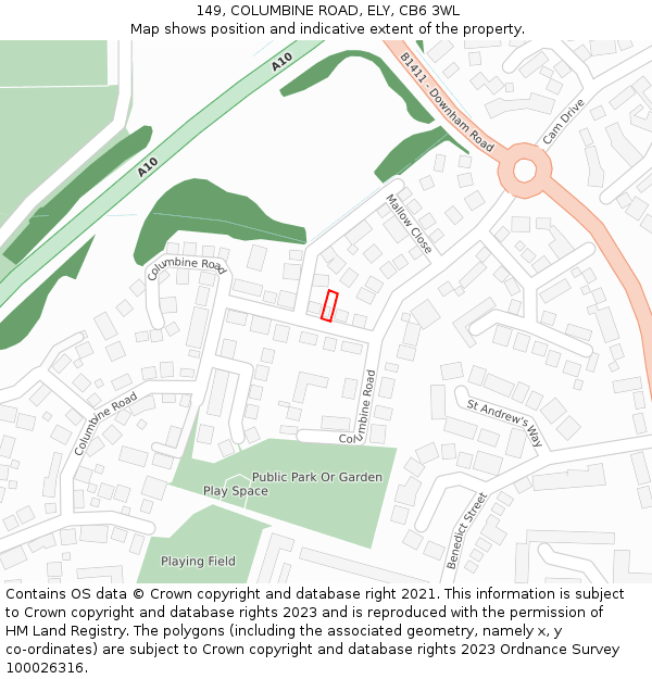 149, COLUMBINE ROAD, ELY, CB6 3WL: Location map and indicative extent of plot