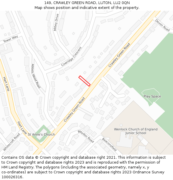 149, CRAWLEY GREEN ROAD, LUTON, LU2 0QN: Location map and indicative extent of plot