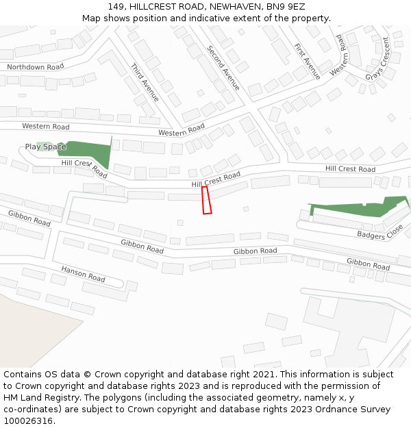 149, HILLCREST ROAD, NEWHAVEN, BN9 9EZ: Location map and indicative extent of plot