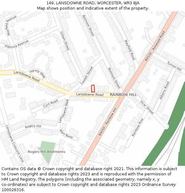 149, LANSDOWNE ROAD, WORCESTER, WR3 8JA: Location map and indicative extent of plot