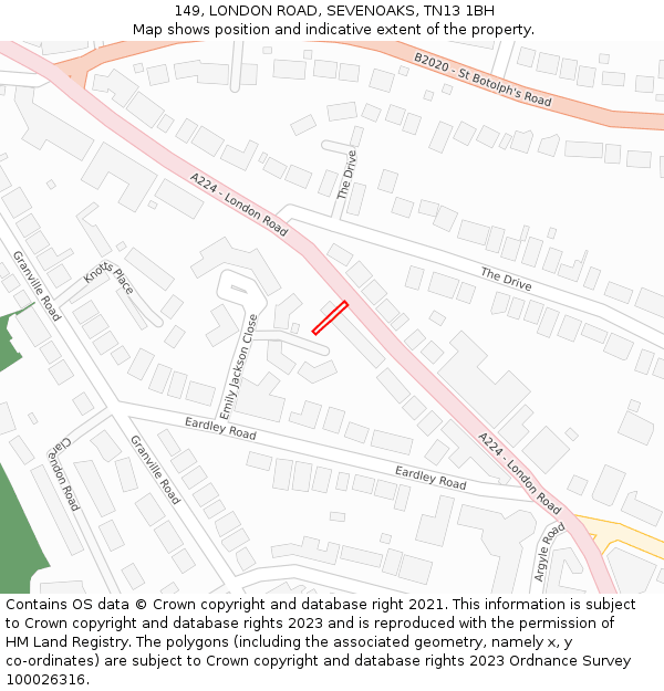 149, LONDON ROAD, SEVENOAKS, TN13 1BH: Location map and indicative extent of plot