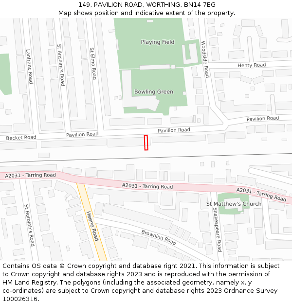 149, PAVILION ROAD, WORTHING, BN14 7EG: Location map and indicative extent of plot