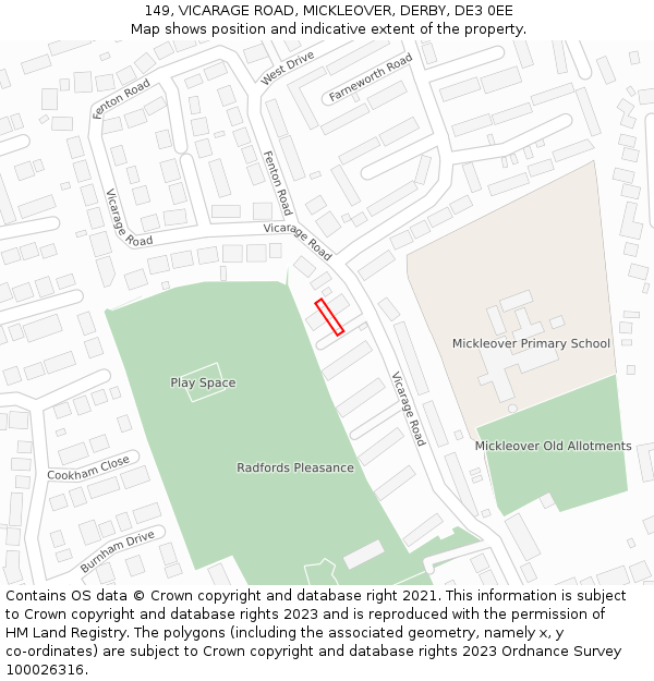 149, VICARAGE ROAD, MICKLEOVER, DERBY, DE3 0EE: Location map and indicative extent of plot