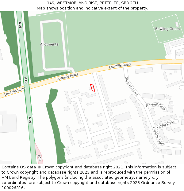 149, WESTMORLAND RISE, PETERLEE, SR8 2EU: Location map and indicative extent of plot
