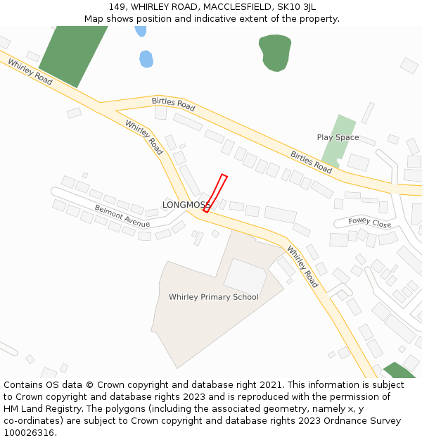 149, WHIRLEY ROAD, MACCLESFIELD, SK10 3JL: Location map and indicative extent of plot