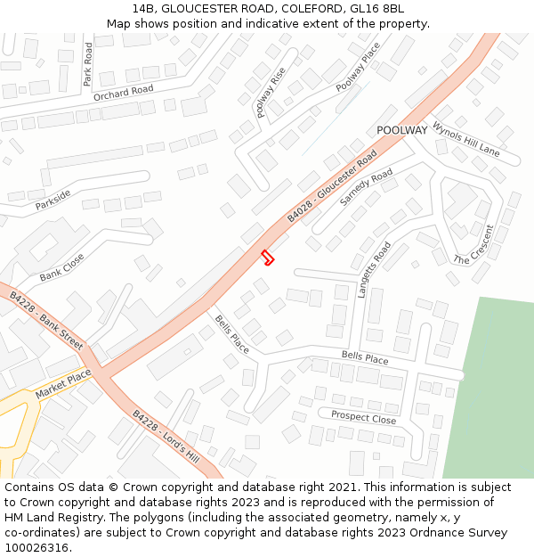 14B, GLOUCESTER ROAD, COLEFORD, GL16 8BL: Location map and indicative extent of plot