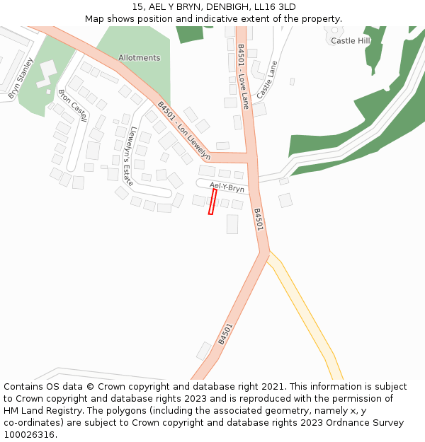 15, AEL Y BRYN, DENBIGH, LL16 3LD: Location map and indicative extent of plot