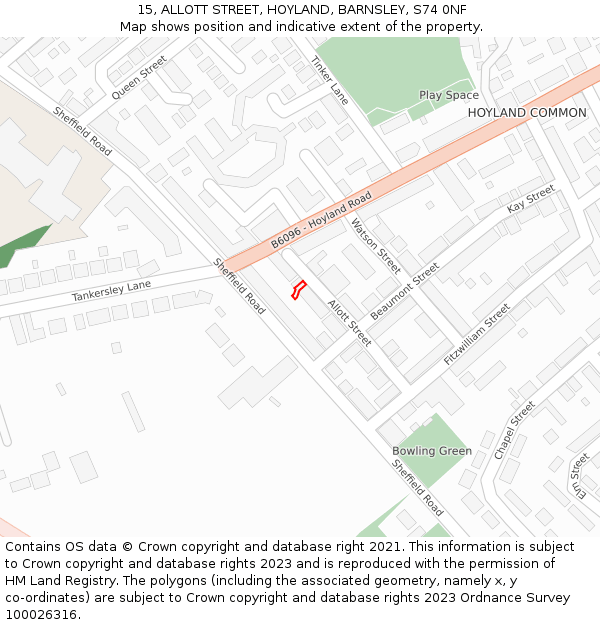 15, ALLOTT STREET, HOYLAND, BARNSLEY, S74 0NF: Location map and indicative extent of plot