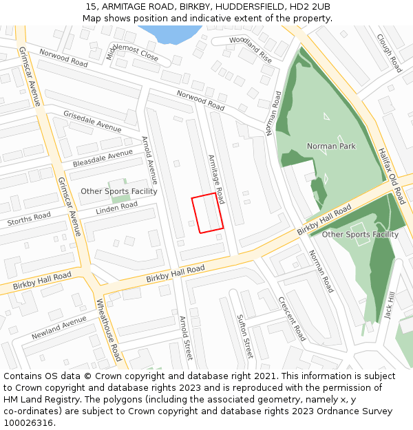 15, ARMITAGE ROAD, BIRKBY, HUDDERSFIELD, HD2 2UB: Location map and indicative extent of plot