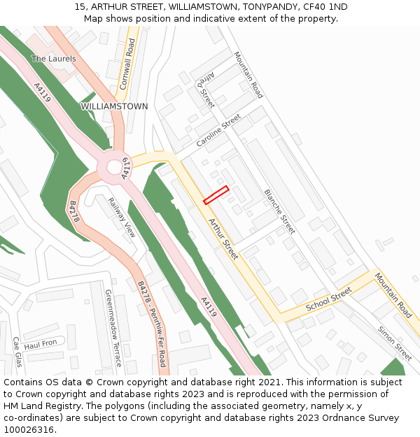 15, ARTHUR STREET, WILLIAMSTOWN, TONYPANDY, CF40 1ND: Location map and indicative extent of plot