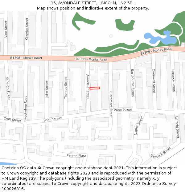 15, AVONDALE STREET, LINCOLN, LN2 5BL: Location map and indicative extent of plot